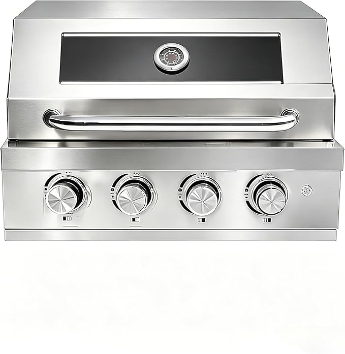 Premium 4 Burner Built In Gas & Charcoal Grill Island Head, Portable 304 Stainless Steel Outdoor Grill, 50,000 BTUs, 403 SQ In Racks, Dual Fuel Compatibility(27-IN)
