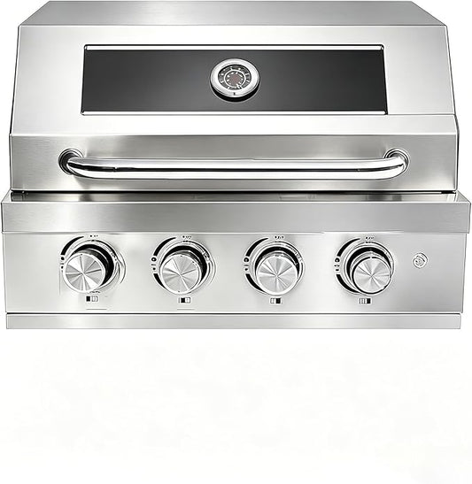 Premium 4 Burner Built In Gas & Charcoal Grill Island Head, Portable 304 Stainless Steel Outdoor Grill, 50,000 BTUs, 403 SQ In Racks, Dual Fuel Compatibility(27-IN)