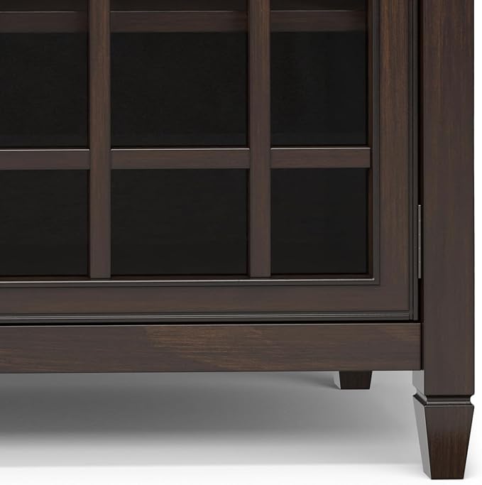 SIMPLIHOME Connaught 60" Wide Solid Wood 3-Door Buffet in Chestnut Brown | Traditional sideboard with adjustable shelves and classic molding for dining rooms; buffet, credenza or server.