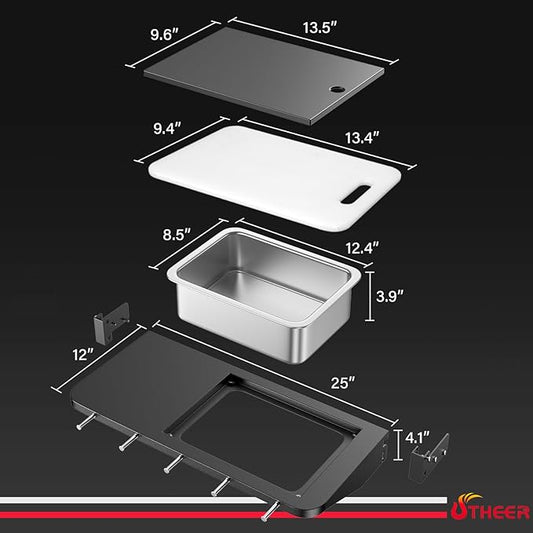 Upgraded Folding Front Shelf Accessories for Traeger Pro 22, Pro 575, Ironwood 650, BAC362, All-in-One Grill Table with Works Cutting Board,Basin,5 Hooks, Steel Grill Accessory for Food Prep & Storage