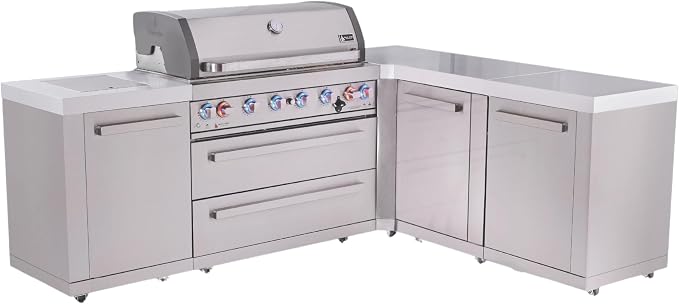 Mont Alpi Premium 94"W x 75"D x 46"H Stainless Steel L-shaped Modular Outdoor Kitchen Island with Infrared Side Burner + 44"W 6-Burner BBQ Gas Grill + Granite Countertops + Storage Cabinets + Drawers