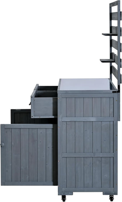 Outdoor Grill Cart with Storage Cabinet and Stainless Table Top, Outdoor Kitchen Island Prep Cart Grill Station for Food Prep and BBQ, Gray
