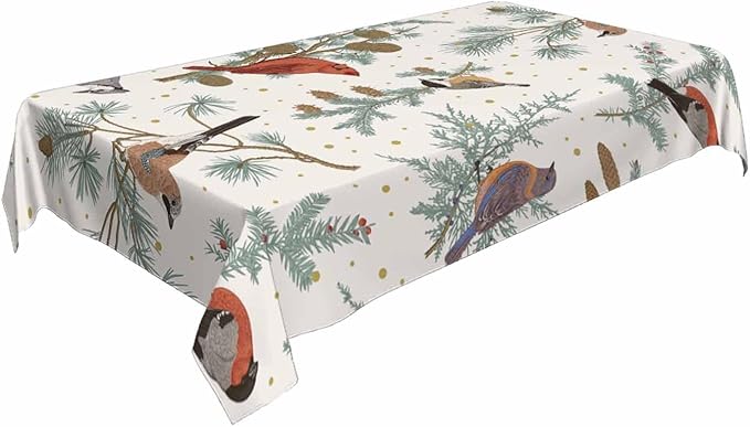 TKS MITLAN Winter Birds Tablecloth Decor Pine Tree Tit Robin Jay Bullfinch Bluebird Cardinal Pine Cones Berry Table Cloth Dining Room Kitchen Table Cover 60" X 84" Oblong/Rectangle
