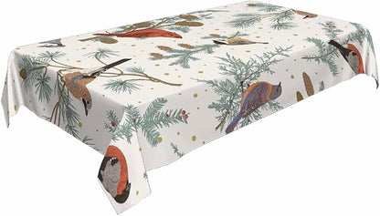 TKS MITLAN Winter Birds Tablecloth Decor Pine Tree Tit Robin Jay Bullfinch Bluebird Cardinal Pine Cones Berry Table Cloth Dining Room Kitchen Table Cover 60" X 84" Oblong/Rectangle