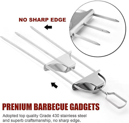 SHIKORI 3 Way Kabob Skewer, 14'' Stainless Steel Barbecue Fork,3 Pcs | Kabob Sticks With Push Bar Reusable Metal Skewer for Outdoor BBQ