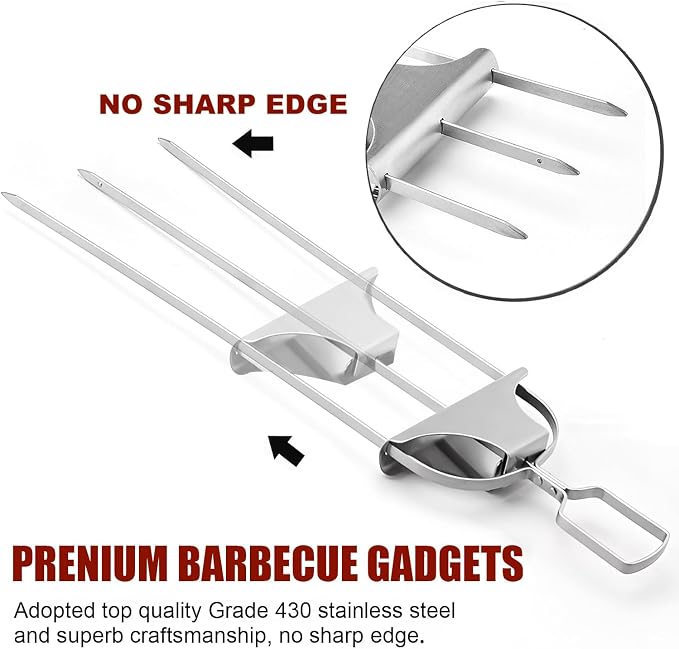 SHIKORI 3 Way Kabob Skewer, 14'' Stainless Steel Barbecue Fork-4 Pcs | Kabob Sticks With Push Bar Reusable Metal Skewer for Outdoor BBQ