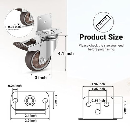 Nefish Side Mount Casters 3 Inch L-Shaped Heavy Duty Rubber Caster Set of 8, Ball Bearing 360 Degree Plate Swivel Castors Wheel, Casters Wheels for Furniture, Baby Bed, Kitchen, Cabinet, Table
