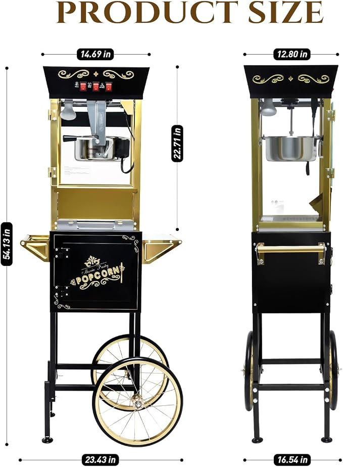 12 Oz Popcorn Machine with Cart, Vintage Movie Theater Style Professional Cart with 4 Cups & 1 Scoop, Pop Corn Popper for Home Theater, Parties, Events, Black