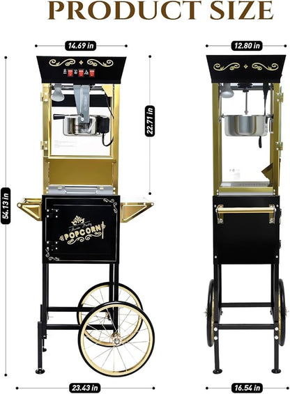 12 Oz Popcorn Machine with Cart, Vintage Movie Theater Style Professional Cart with 4 Cups & 1 Scoop, Pop Corn Popper for Home Theater, Parties, Events, Black
