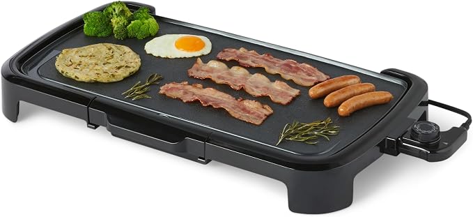 Amazon Basics Electric Griddle with Nonstick Ceramic Coating, Adjustable Temperature, Detachable Dishwasher Safe Plate, Drip Tray, 10 x 20 inches, Black