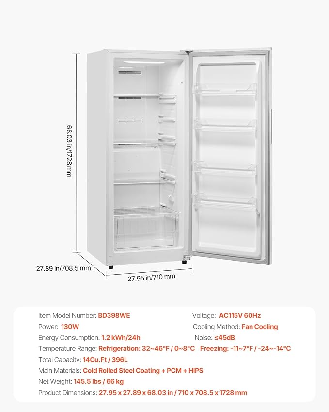 VEVOR Convertible Freezer/Refrigerator, 14 Cu.Ft Frost Free Upright Freezer with Temp Control Panel, Door Open too Long Alarm, Adjustable Shelves and LED, Standing Fridge for Kitchen, Office, Garage
