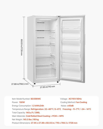 VEVOR Convertible Freezer/Refrigerator, 14 Cu.Ft Frost Free Upright Freezer with Temp Control Panel, Door Open too Long Alarm, Adjustable Shelves and LED, Standing Fridge for Kitchen, Office, Garage