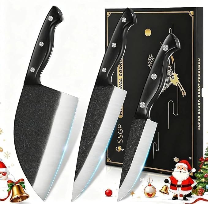 SSGP Butcher Knife Set of 3- Japanese Knife Set for Meat Cutting, Hand Forged Viking Knives Sets with Meat Cleaver, Heavy-Duty Kitchen Knives Sets for Bone BBQ Vegetable, Gifts for Men