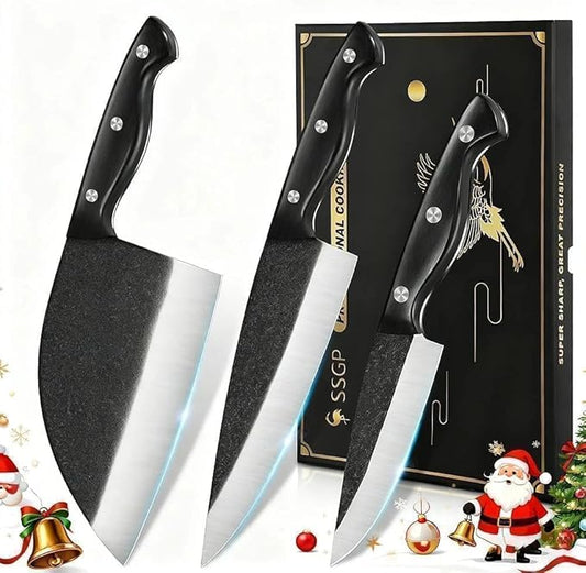 SSGP Butcher Knife Set of 3- Japanese Knife Set for Meat Cutting, Hand Forged Viking Knives Sets with Meat Cleaver, Heavy-Duty Kitchen Knives Sets for Bone BBQ Vegetable, Gifts for Men