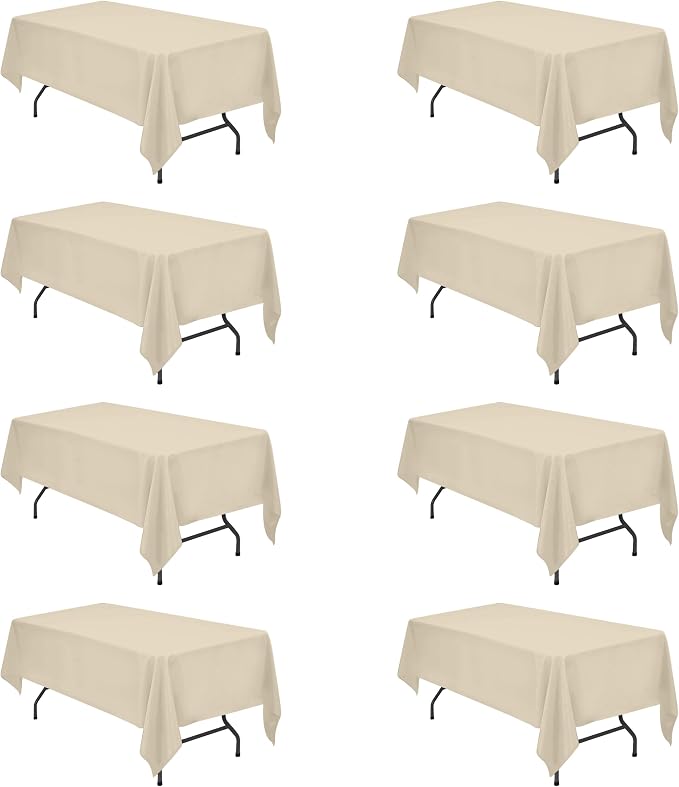 BRILLMAX 8 Pack Beige Tablecloths 60x102 Inch for 6ft Rectangle Tables | 150 GSM Polyester Fabric, 15" Standard Drop, Water, Stain & Wrinkle Resistant Cloth Cover for Wedding Reception Banquet Party