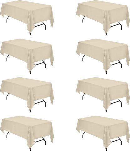 BRILLMAX 8 Pack Beige Tablecloths 60x102 Inch for 6ft Rectangle Tables | 150 GSM Polyester Fabric, 15" Standard Drop, Water, Stain & Wrinkle Resistant Cloth Cover for Wedding Reception Banquet Party