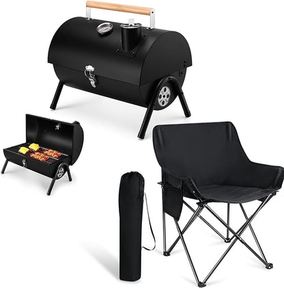 Joyfair Portable Charcoal Grill with Camping Beach Chair for Adult, Small Tabletop Barbecue Grill for Outdoor Camping Backyard Party BBQ Cooking, Extra Thick Steel & Heavy Duty