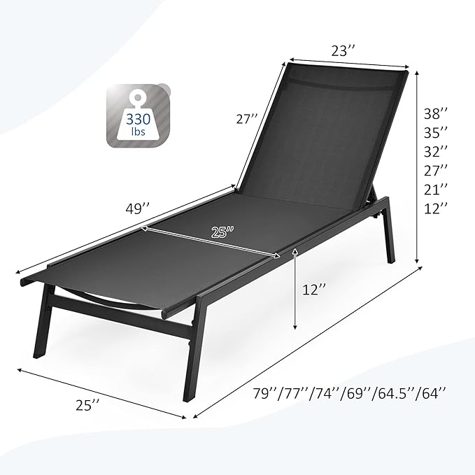 Tangkula Outdoor Chaise Lounge Chair Set of 2, 6-Position Adjustable Reclining Chair with Breathable Fabric and Heavy Duty Steel Frame, Patio Lounge Chair for Garden, Backyard and Poolside (2, Black)