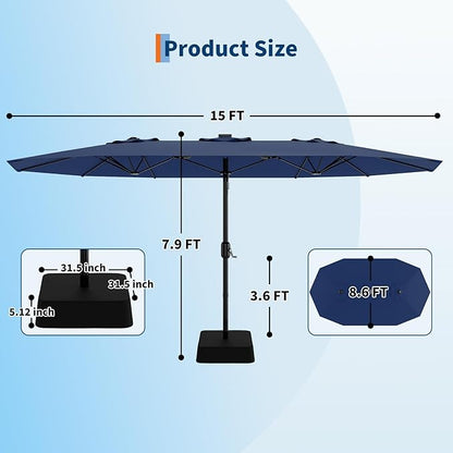 Garvee 15 ft Rectangular Patio Umbrella with Base Included - Large Patio Umbrella with Crank Handle, UV Protection for Outdoor Market, Backyard, Pool - Navy Blue | Rectangular Large Patio Umbrella with Crank Handle 48 LED Lights, UV Protection for Outd...