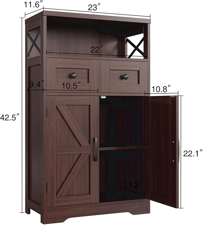 Befrases Set of 2 Dark Brown Storage Cabinet with Drawers and Shelves, Standing Kitchen Pantry Cabinet, Floor Storage Cabinet Hutch Cupboard, Coffee Bar Station for Dining Living Room Home Office