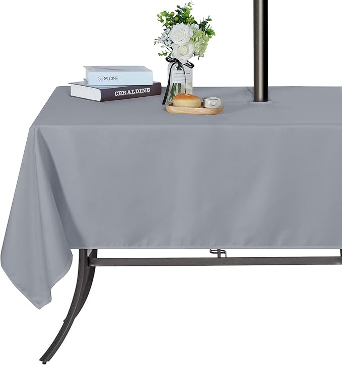 SARAFLORA Outdoor and Indoor Tablecloth -60x102 inch Silver, Wrinkle Free Washable Waterproof Table Cloth with Umbrella Hole and Zipper Rectangle Table Cover for Spring/Summer/Patio/Picnic/BBQS/Party