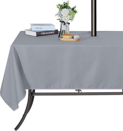 SARAFLORA Outdoor and Indoor Tablecloth -60x102 inch Silver, Wrinkle Free Washable Waterproof Table Cloth with Umbrella Hole and Zipper Rectangle Table Cover for Spring/Summer/Patio/Picnic/BBQS/Party