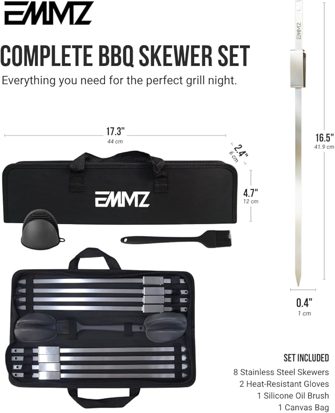 Grilling Skewer–16.5" metal skewers with removable Slider in bag(set of 8) flat skewers stainless steel skewers for BBQ-kabob Skewers for kabab Barbecue meat chicken grill shish kebab and camping