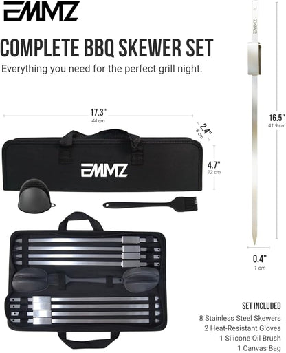Grilling Skewer–16.5" metal skewers with removable Slider in bag(set of 8) flat skewers stainless steel skewers for BBQ-kabob Skewers for kabab Barbecue meat chicken grill shish kebab and camping