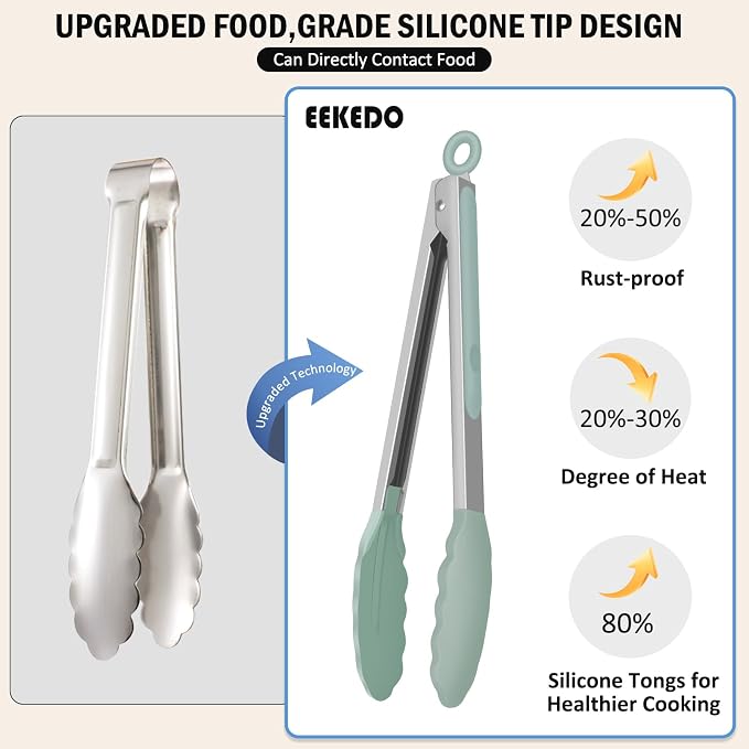Kitchen Tongs, Stainless Steel Cooking Tongs with Silicone Tips, 600ºF High Heat-Resistant Non Scratch Locking Tongs for Cooking BBQ Grilling Air Fryer Pans, Set of 3 (7" 9" and 12") Sage Green