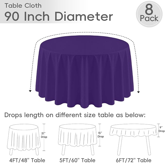 8 Pack Purple Round Tablecloth 90 Inch | For 3Ft-5Ft Round Table, Wrinkle Resistant Table Cloth, Washable Polyester Fabric, For Wedding Party Banquet Buffet Camping