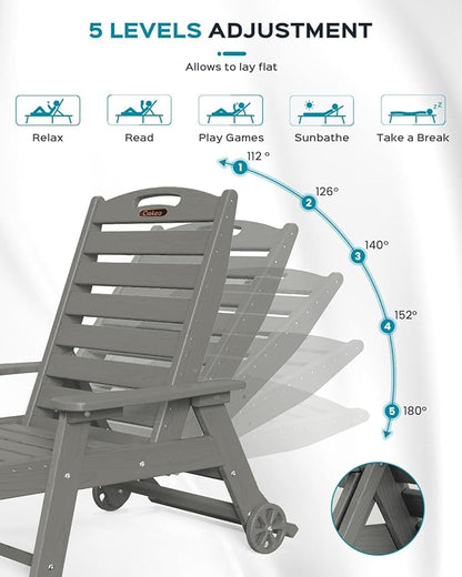 Ciokea Outdoor Chaise Lounge Chair Set of 2, Patio Lounge Chairs for Outside, HDPE Lounge Chairs with Wheels & Cup Holder, Poly Lounge Chair with 5 Position for Poolside, Deck, Grey