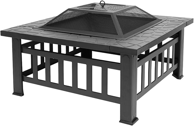 32 Inch Heavy Duty Metal Square Patio Firepit Table BBQ Garden Stove with Spark Screen Cover Log Grate and Poker for Outside Wood Burning and Drink Cooling