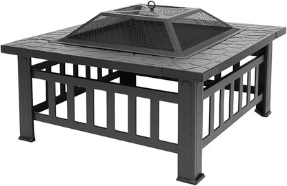 32 Inch Heavy Duty Metal Square Patio Firepit Table BBQ Garden Stove with Spark Screen Cover Log Grate and Poker for Outside Wood Burning and Drink Cooling