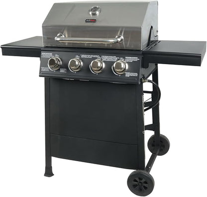 Grill Boss 4-Burner Outdoor Propane Gas Grill with Side Shelves, Stainless Steel Lid, Push Ignition, Warming Rack, Wheels, Black