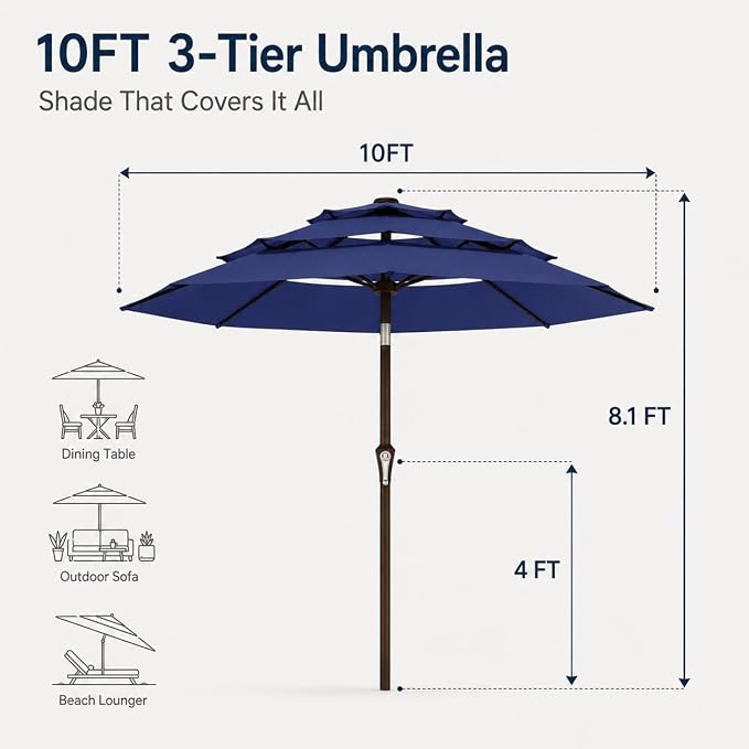 10ft Patio Umbrella, 3-Tier Vented Outdoor Table Umbrella with 8 Sturdy Fiberglass Ribs, Windproof Market Umbrella with Push Button Tilt and Crank, UV Protection for Deck, Pool, Navy Blue