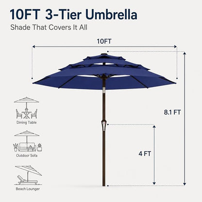 10ft Patio Umbrella, 3-Tier Vented Outdoor Table Umbrella with 8 Sturdy Fiberglass Ribs, Windproof Market Umbrella with Push Button Tilt and Crank, UV Protection for Deck, Pool, Navy Blue