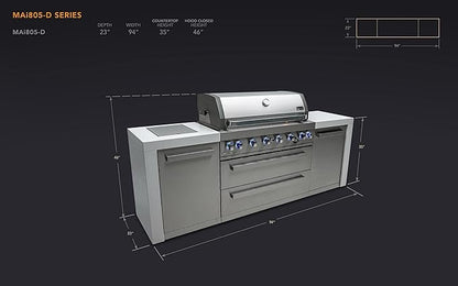 Mont Alpi MAi805-D 44-inch 6 Burner Stainless Steel Deluxe Modular Outdoor Kitchen Island BBQ Grill with Storage + Side Burner + Granite Countertops & Sides + Rotisserie, Chopping Board & Grill Cover