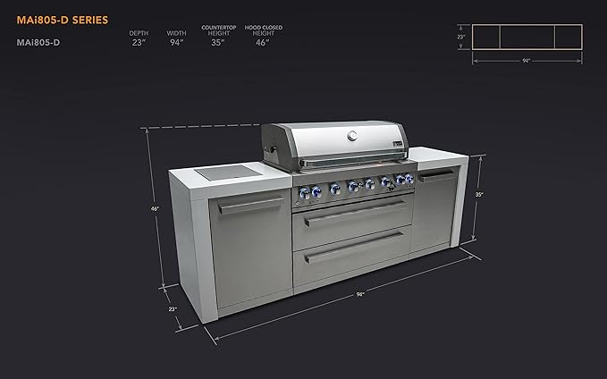 Mont Alpi 805 MAi805-D Outdoor Kitchen Island Gas Grill - 6 Burners 115000 BTU | 2 Infrared Side Burners | Stainless Steel | Granite Countertop