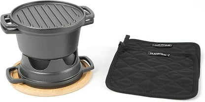 HAWOK 6 Piece Stove Set, Potable Cast Iron Charcoal Grill Stove with 1QT Dutch Oven, with Multipurpose Lid, Five-Leg Buffet Tray, Multipurpose Mini BBQ Stove Set