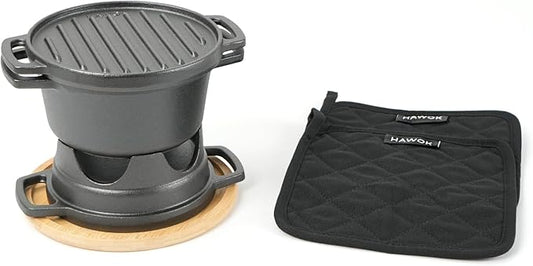 HAWOK 6 Piece Stove Set, Potable Cast Iron Charcoal Grill Stove with 1QT Dutch Oven, with Multipurpose Lid, Five-Leg Buffet Tray, Multipurpose Mini BBQ Stove Set