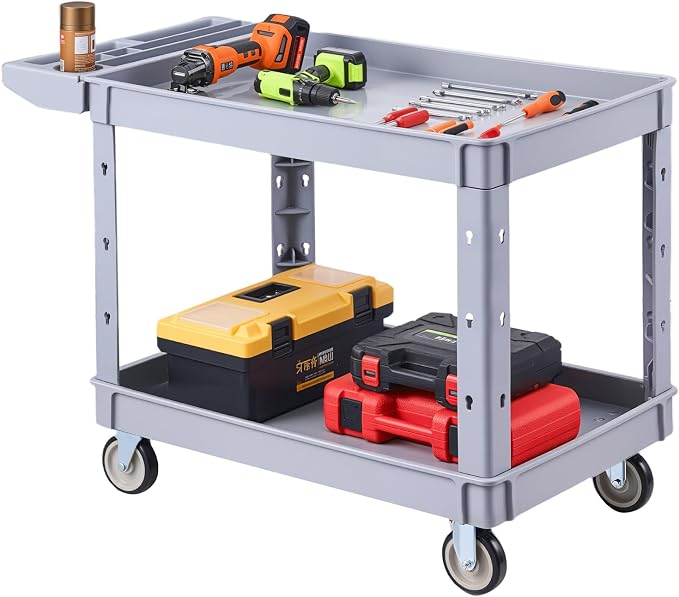 VEVOR Utility Cart, 550 lbs Capacity, 2 Tier Service Cart with 360° Swivel & Fixed Wheels (2 with Brakes), Heavy Duty Plastic Rolling with Storage Tray, Tool Storage for Garage Warehouse Workshop Gray