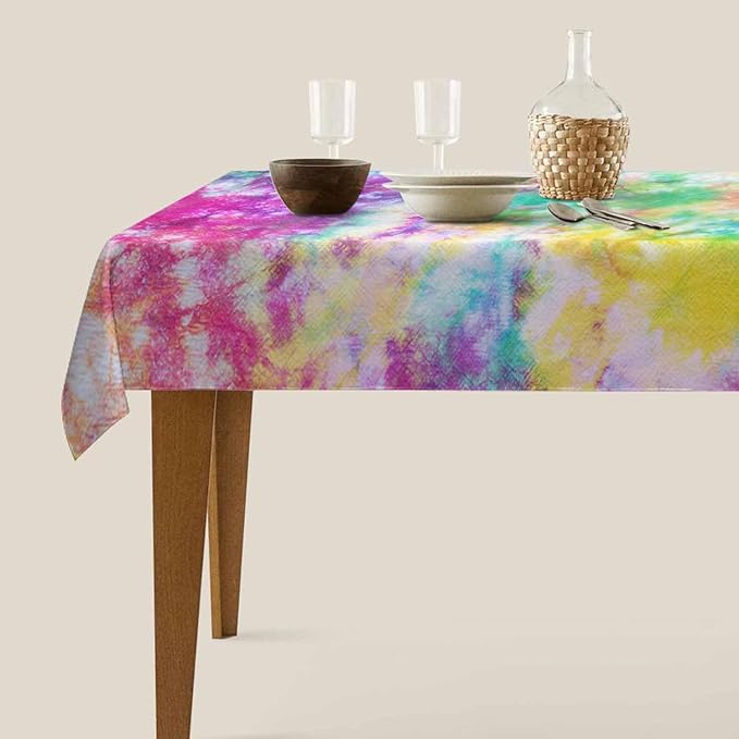 TKS MITLAN Tie Dye Tablecloth 52 x 70 Inch Rectangular Rainbow Splash Tie Dye Pattern Oblong Table Cloth Kitchen Table Decorations for Home Dinner Party