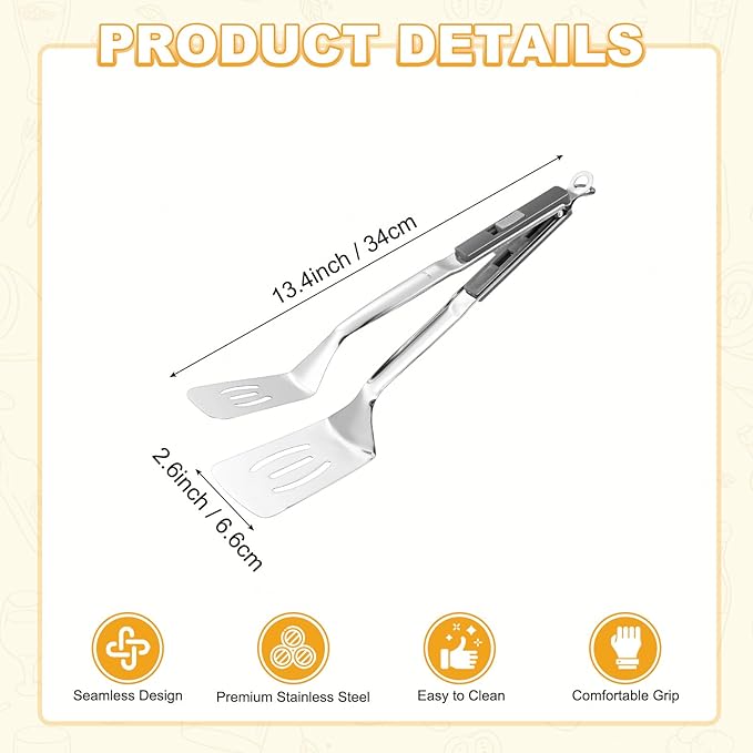 M METERXITY Spatula Tongs, 13.4 Inch 304 Stainless Steel Anti-Scald Extended Multifunctional Flipper Grill Clamp for Cooking/Barbecue, Kitchen Cooking Tongs [Gray Handle, Silver Tone]