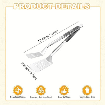 M METERXITY Spatula Tongs, 13.4 Inch 304 Stainless Steel Anti-Scald Extended Multifunctional Flipper Grill Clamp for Cooking/Barbecue, Kitchen Cooking Tongs [Gray Handle, Silver Tone]