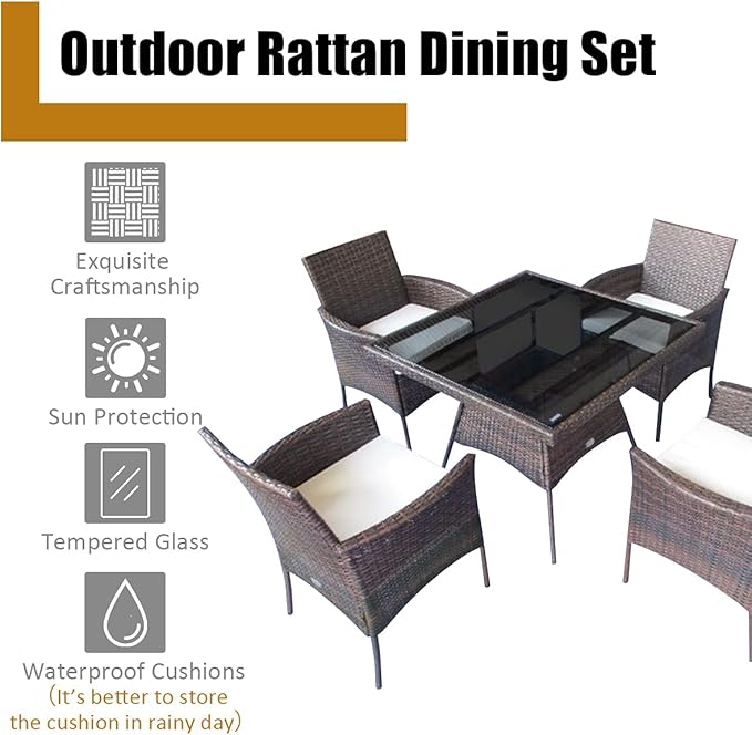 HAPPYGRILL 5 Pieces PE Wicker Patio Dining Set with Table and Chairs with Cushions, Outdoor Patio Furniture Set for Deck, Garden and Backyard (Brown Beige & Glass)