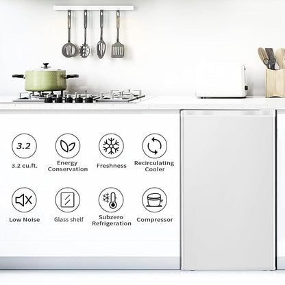 Antarctic Star Mini Compact Refrigerator with Freezer, 3.2 Cu.Ft. Single Door with Adjustable Thermostat,Removable Glass Shelves for Apartment/Dorm/Office,WHITE