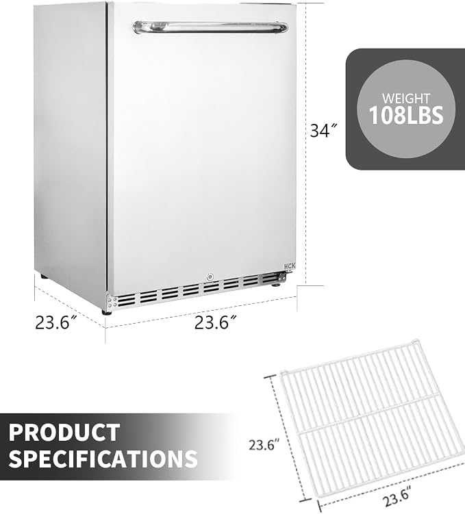 HCK Outdoor Refrigerator 24 Inch, Undercounter Refrigerators with Stainless Steel Door, 161 Can Beverage Fridge for Home Bar, Kitchen, Patio, Outdoor, Commercial Use
