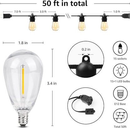 Lepro S14 Outdoor String Lights - 50ft with 15 Shatterproof LED Edison Bulbs, Waterproof Bistro Lights for Deck, Pergola, Porch, Garden, Gazebo