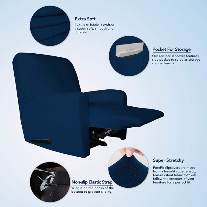 PureFit Stretc Recliner Chair Covers Fleece Soft Couch Covers for Sofa | Navy 4-Pieces Recliner Slipcover Pocket Couch Protector, Fleece Sofa Cover Washable with Non Slip Elastic Bottom