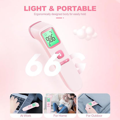 No-Touch Thermometer for Adults, Kids, Babies, 1-Sec Fast Accurate (Pink) | Fever Alarm, Large LCD with 3-Color Backlight, Silent Mode, 35-Reading Memory, Forehead & Object Mode, for Home & Clinic